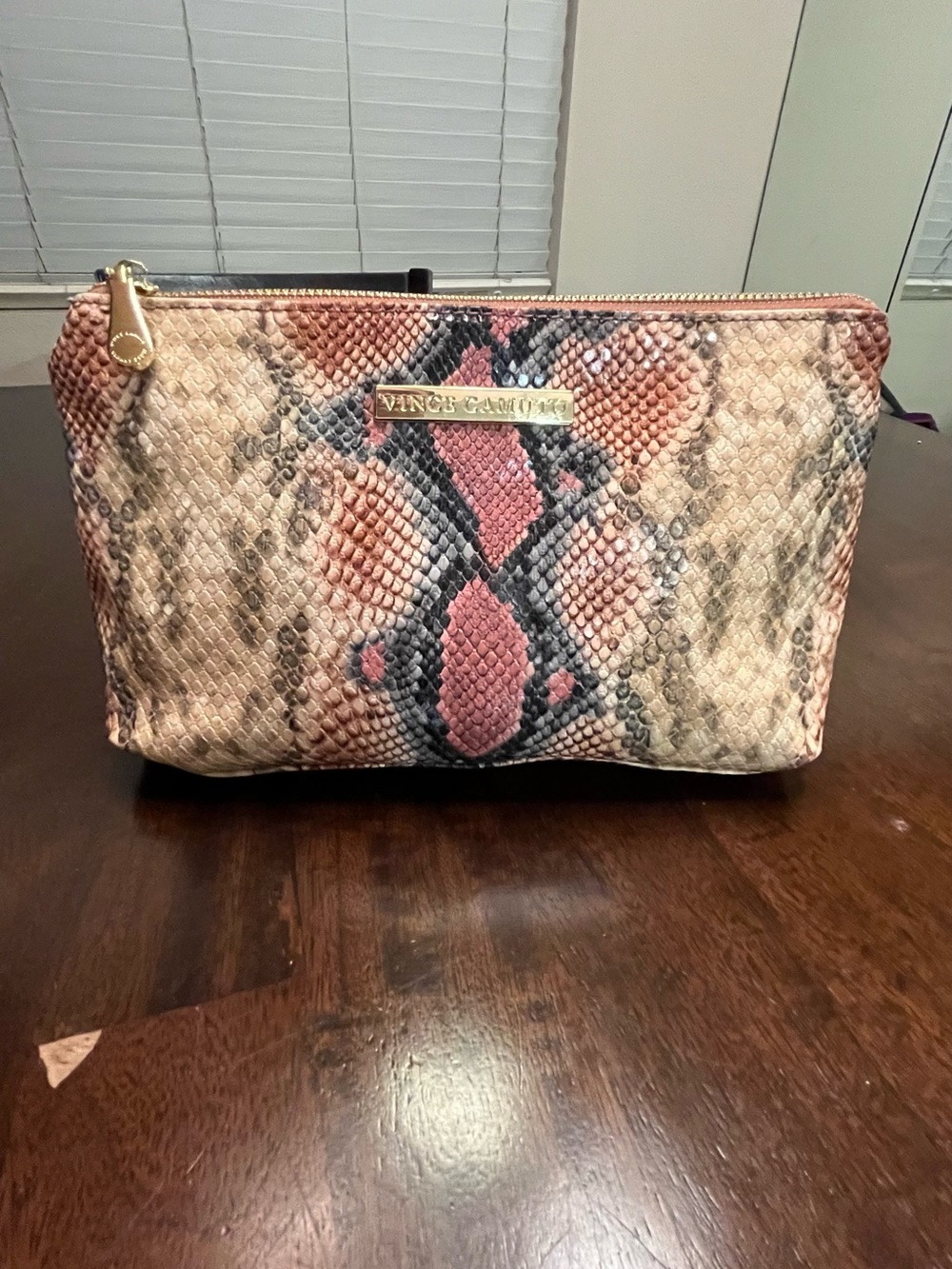 Vince Camuto Pink and Beige Snake-Print Cosmetic Pouch with Gold Hardware